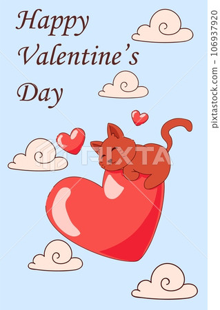 Happy valentine day. Cute funny lazy kitten laying on heart. Clouds in blue sky. Greeting card. Amour and romance postcard, holiday banner. Animals poster. Cartoon flat vector illustration 106937920
