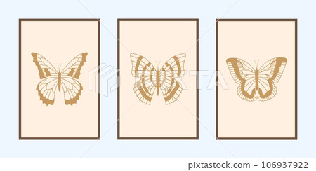 Gold butterflies poster. Modern t-shirt print, card or wall poster, elegant tattoo design. Golden flying insects silhouettes. Exotic moth. Mystic symbol. Vector monochrome illustration 106937922