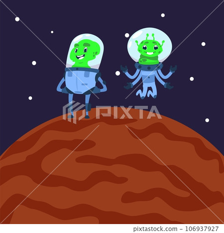Alien on planet. Cosmonauts on planet. Cute friendly monster astronauts in spacesuit. Childish print or poster, space adventures. Explore universe cartoon flat isolated vector illustration Alien on planet. Cosmonauts on planet. Cute friendly monster astronauts in spacesuit. Childish print or poster, space adventures. Explore universe cartoon flat isolated vector illustration 106937927