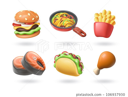 3D food. Pizza icon. Pasta preparing in pan. Chicken and fried potato. Hamburger or meat burger. Fast restaurant eat menu. Fish cooking. Shawarma and burrito. Vector render objects set 3D food. Pizza icon. Pasta preparing in pan. Chicken and fried potato. Hamburger or meat burger. Fast restaurant eat menu. Fish cooking. Shawarma and burrito. Vector render objects set 106937930