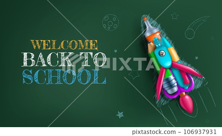 Back to school. Rocket launch. Stationery tools for learning. Kids items with space for text. Chalk drawing at blackboard. Pen and pencils. Children education. Vector welcome banner 106937931