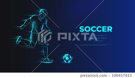 Soccer player. Man playing with ball. Glowing neon sportsman silhouette. Footballers action. Sport competition. Football match. Goal shot in game. Pass in motion. Vector background 106937933