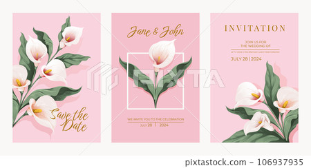 Flower wedding invite. White calla flowers on pink background, golden letters. Floral pastel spring greeting card design, lily and magnolia bouquet, botanical invitation template. Vector set 106937935