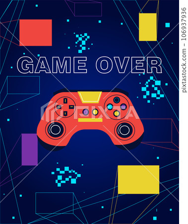 Game over poster. Modern t-shirt print, card or wall poster. Video games colorful controller. Joystick and abstract geometric elements. Arcade accessory vector cartoon flat isolated illustration 106937936