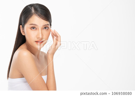 Beautiful Asian woman touching soft cheek smile with clean and fresh skin Happiness and cheerful with positive emotional,isolated on white background,Beauty Cosmetics and spa facial treatment Concept 106938080