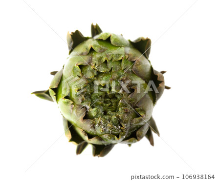Delicious whole cooked artichoke on a white background 106938164