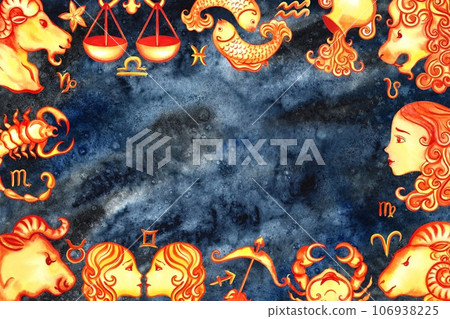 A frame of zodiac signs in accordance with the horoscope. The watercolor is hand-drawn. Artistic, color, colorized illustration. On a dark blue background. For astrological forecast, calendar, printed A frame of zodiac signs in accordance with the horoscope. The watercolor is hand-drawn. Artistic, color, colorized illustration. On a dark blue background. For astrological forecast, calendar, printed 106938225