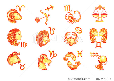 Zodiac signs according to the horoscope. The watercolor is hand-drawn. Artistic, color, colorized illustration. Isolate. For astrological forecasts, calendars, printed materials. For stickers, posters 106938227