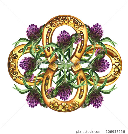 A composition of horseshoes and clover. A symbol of good luck. Handmade watercolor illustration. Isolate. For printing, stickers and labels. For postcard, print and packaging. For pattern and talisman A composition of horseshoes and clover. A symbol of good luck. Handmade watercolor illustration. Isolate. For printing, stickers and labels. For postcard, print and packaging. For pattern and talisman 106938236
