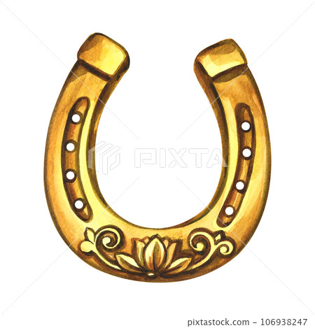 The horseshoe is golden. A symbol of good luck. Handmade watercolor illustration. Isolate. For printing, stickers and labels. For postcards, prints and packaging. For banners and posters The horseshoe is golden. A symbol of good luck. Handmade watercolor illustration. Isolate. For printing, stickers and labels. For postcards, prints and packaging. For banners and posters 106938247