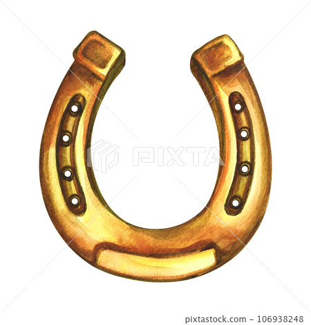 The horseshoe is golden. A symbol of good luck. Handmade watercolor illustration. Isolate. For printing, stickers and labels. For postcards, prints and packaging. For banners and posters The horseshoe is golden. A symbol of good luck. Handmade watercolor illustration. Isolate. For printing, stickers and labels. For postcards, prints and packaging. For banners and posters 106938248