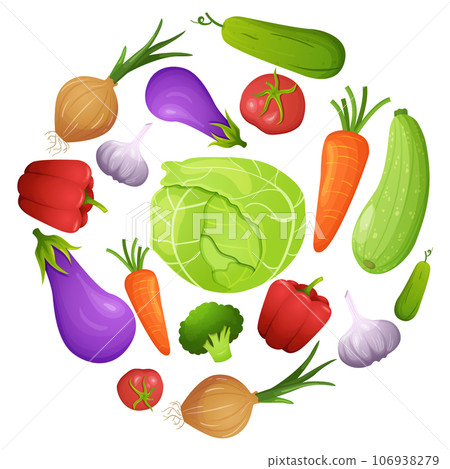 Vegetables round composition with tomatoes, broccoli, eggplant, garlic, onion, cabbage, paprika and cucumber. Healthy eating cartoon vector print. 106938279
