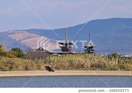 Katsumada Pond and Yakushiji Temple in winter Katsumada Pond and Yakushiji Temple in winter 106938573