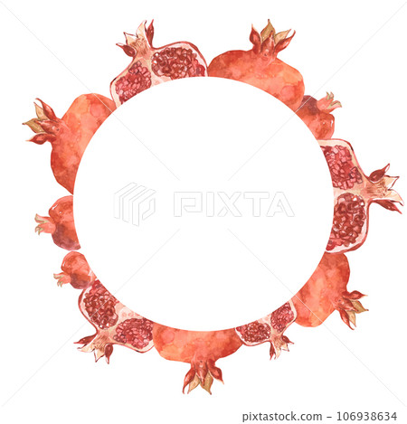 Watercolor pomegranate wreath. Hand drawn pomegranate, botanical illustration, round frame of pomegranate fruit. For packaging design, textiles Watercolor pomegranate wreath. Hand drawn pomegranate, botanical illustration, round frame of pomegranate fruit. For packaging design, textiles 106938634