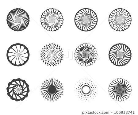 Spiral and swirl motion twisting circles design element set. 106938741