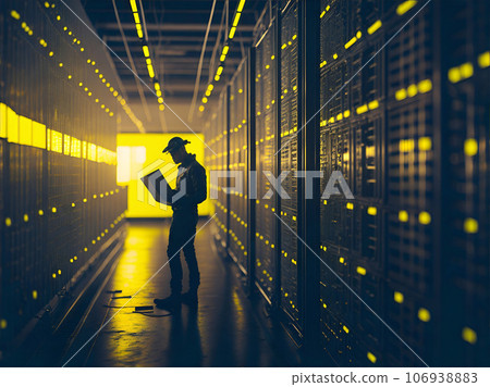 Futuristic Concept of Data Center In Warehouse, Information Digitalization Lines Streaming Through Server Room. 106938883