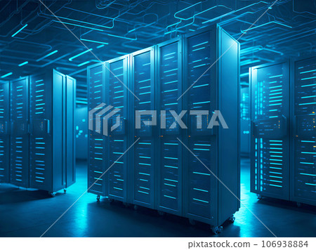 Futuristic Concept of Data Center In Warehouse, Information Digitalization Lines Streaming Through Server Room. Futuristic Concept of Data Center In Warehouse, Information Digitalization Lines Streaming Through Server Room. 106938884