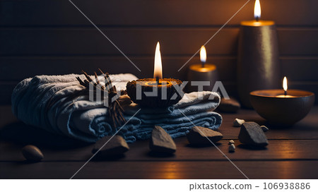 Spa composition with towels, aromatic oil, foliage on a table. Spa composition with towels, aromatic oil, foliage on a table. 106938886
