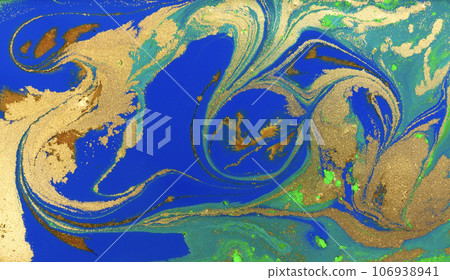 Marbled Blue Abstract Background. Liquid Marble Pattern with Gold Powder. 106938941