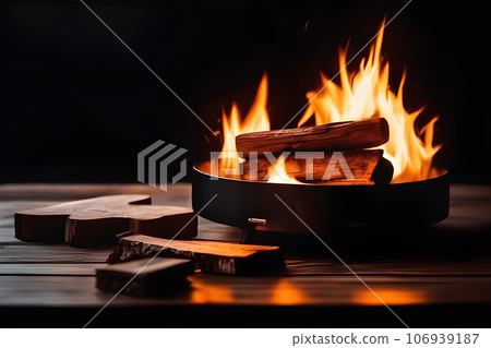 a Wooden table and fire on black background. a Wooden table and fire on black background. 106939187