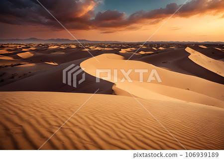 sunset in the desert sand dunes with cloud sky background sunset in the desert sand dunes with cloud sky background 106939189