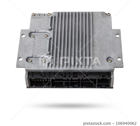 Plastic car engine control unit with metal elements on a white isolated background is the connecting center of various subsystems, units and assemblies. Monitoring the state of the moment. Spare part 106940062