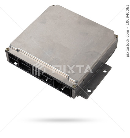 Plastic car engine control unit with metal elements on a white isolated background is the connecting center of various subsystems, units and assemblies. Monitoring the state of the moment. Spare part 106940063