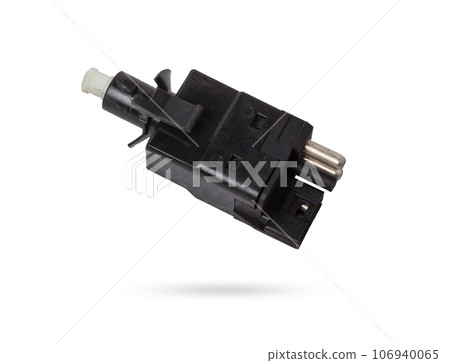 brake light switch under the brake pedal in a car on a white isolated background. catalog of spare parts for websites and advertising. 106940065