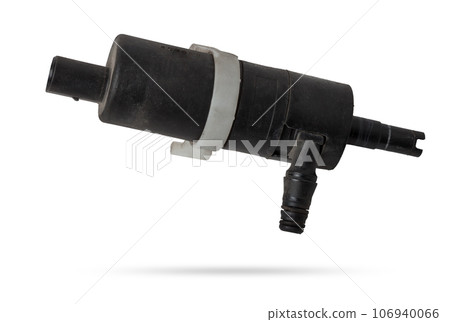 Windshield washer water pump is a tank and nozzles supply water to glass for cleaning. Spare part of car on a white isolated background in photo studio for sale or replacement during repair in service Windshield washer water pump is a tank and nozzles supply water to glass for cleaning. Spare part of car on a white isolated background in photo studio for sale or replacement during repair in service 106940066