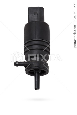 Windshield washer water pump is a tank and nozzles supply water to glass for cleaning. Spare part of car on a white isolated background in photo studio for sale or replacement during repair in service Windshield washer water pump is a tank and nozzles supply water to glass for cleaning. Spare part of car on a white isolated background in photo studio for sale or replacement during repair in service 106940067