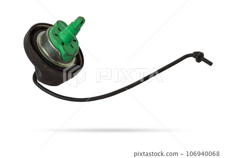 Plastic fuel filler tank cap on white isolated background. Oil and gas industry. Auto parts catalog. Plastic fuel filler tank cap on white isolated background. Oil and gas industry. Auto parts catalog. 106940068