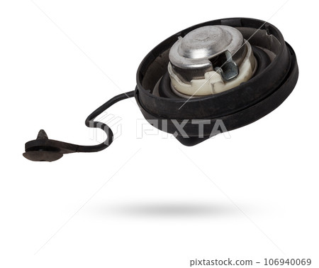 Plastic fuel filler tank cap on white isolated background. Oil and gas industry. Auto parts catalog. Plastic fuel filler tank cap on white isolated background. Oil and gas industry. Auto parts catalog. 106940069