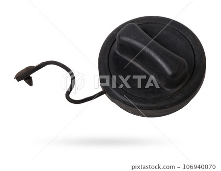 Plastic fuel filler tank cap on white isolated background. Oil and gas industry. Auto parts catalog. Plastic fuel filler tank cap on white isolated background. Oil and gas industry. Auto parts catalog. 106940070
