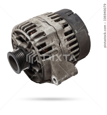 Car generator, car electrical network element on white background, generator details close-up. Spare auto parts for repair. Car generator, car electrical network element on white background, generator details close-up. Spare auto parts for repair. 106940079