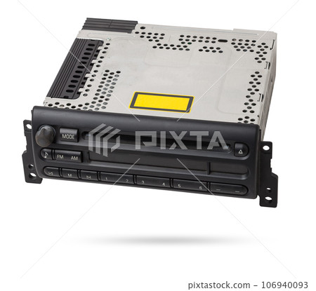 an audio system and a radio in gray and black plastic of car with cd and mp3 music on white isolated background 106940093