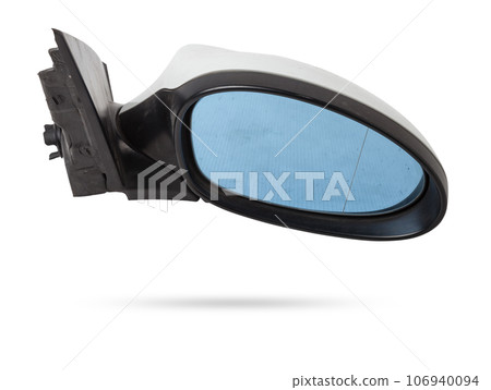Close-up on a side mirror from a car with turn signal repeaters for repair and replacement after an accident in a workshop. Auto service industry. Spare parts catalog. 106940094