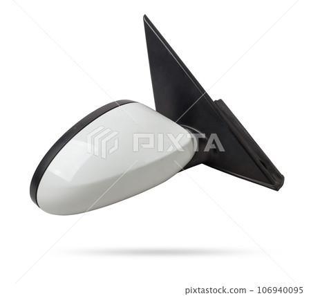 Close-up on a side mirror from a car with turn signal repeaters for repair and replacement after an accident in a workshop. Auto service industry. Spare parts catalog. 106940095