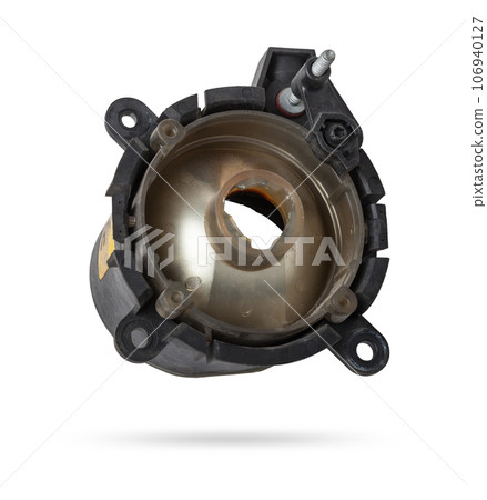 Spare part for sale at auto-parsing or car body repair in service on a white isolated background - a fog lamps, after an accident and damage. Spare part for sale at auto-parsing or car body repair in service on a white isolated background - a fog lamps, after an accident and damage. 106940127