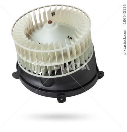 Heater fan - spare part and element of car air conditioning system on white isolated background. Auto service industry. Spare parts catalog. 106940136