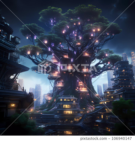 Cyberpunk Retro Futuristic Tree with Neon Lights 106940147
