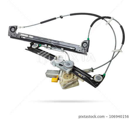 Electric window mechanism for a car on a white isolated background. Automotive spare parts catalog. 106940156
