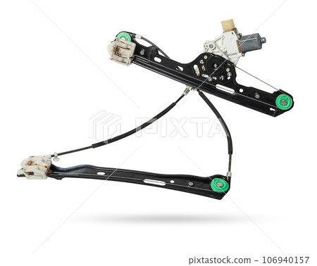 Electric window mechanism for a car on a white isolated background. Automotive spare parts catalog. Electric window mechanism for a car on a white isolated background. Automotive spare parts catalog. 106940157