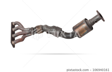 Automotive catalyst removed from a vehicle for repair with a ceramic coating inside as part of an exhaust system to remove harmful emissions in a car repair shop Automotive catalyst removed from a vehicle for repair with a ceramic coating inside as part of an exhaust system to remove harmful emissions in a car repair shop 106940161