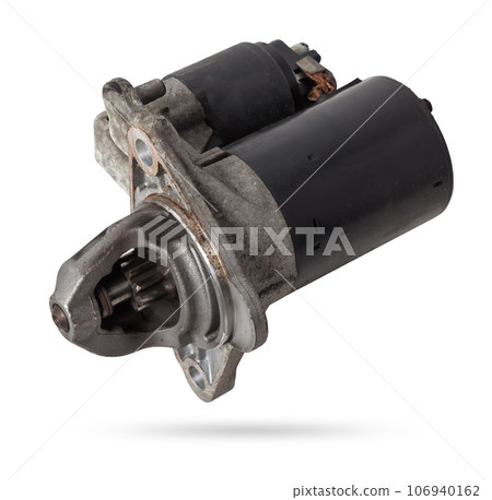 Starter of an internal combustion engine New Spare part for car on a white background. Spare parts catalog. 106940162