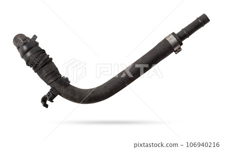 Black rubber hose of the car engine cooling system on a white isolated background in a photo studio for replacement during repair or for a catalog of spare parts for sale on auto disassembly. Black rubber hose of the car engine cooling system on a white isolated background in a photo studio for replacement during repair or for a catalog of spare parts for sale on auto disassembly. 106940216