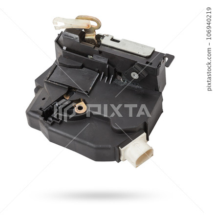 Detail of a car spare part made of black plastic and metal - door lock separately isolated on a white background. Repair in a car workshop, equipment for sale. Detail of a car spare part made of black plastic and metal - door lock separately isolated on a white background. Repair in a car workshop, equipment for sale. 106940219