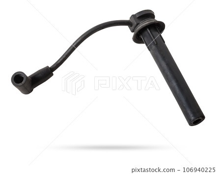 Black ignition wire of a high voltage for spark plug on blue and red background. Car spare parts catalog. Top view. Black ignition wire of a high voltage for spark plug on blue and red background. Car spare parts catalog. Top view. 106940225