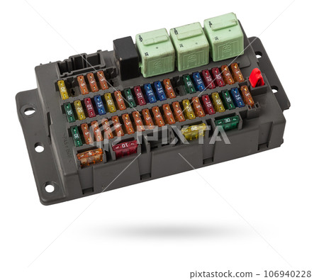 Automotive fuses box in different colors and each color is responsible for the specific value of the protection defined in amperes. Catalog of spare parts. Automotive fuses box in different colors and each color is responsible for the specific value of the protection defined in amperes. Catalog of spare parts. 106940228