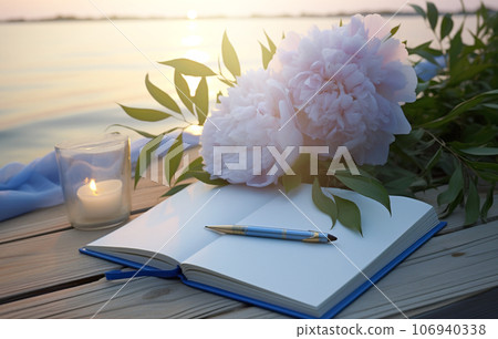 Notebook, sunset and pink peonies, romantic greeting card 106940338