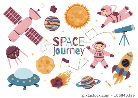 A set of illustrations with cute astronauts, spacecraft, telescope, space station, satellite, rocket, constellations, moon, sun and planets in cartoon style. Vector illustration. Space journey. 106940389